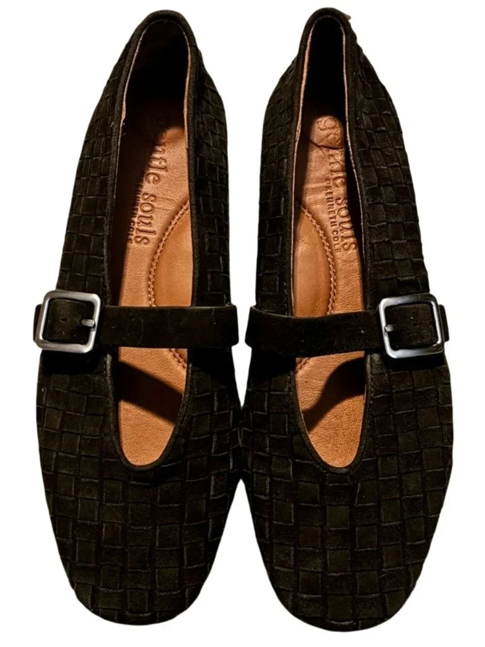 Gentle Souls By Kenneth Cole Mary Jane Flats In Brown Suede With Buckle Strap &